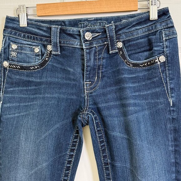 Miss Me Jeans Womens 27 Blue Signature Skinny Embellishment Rhinestone Y2K Boho - Picture 3 of 14